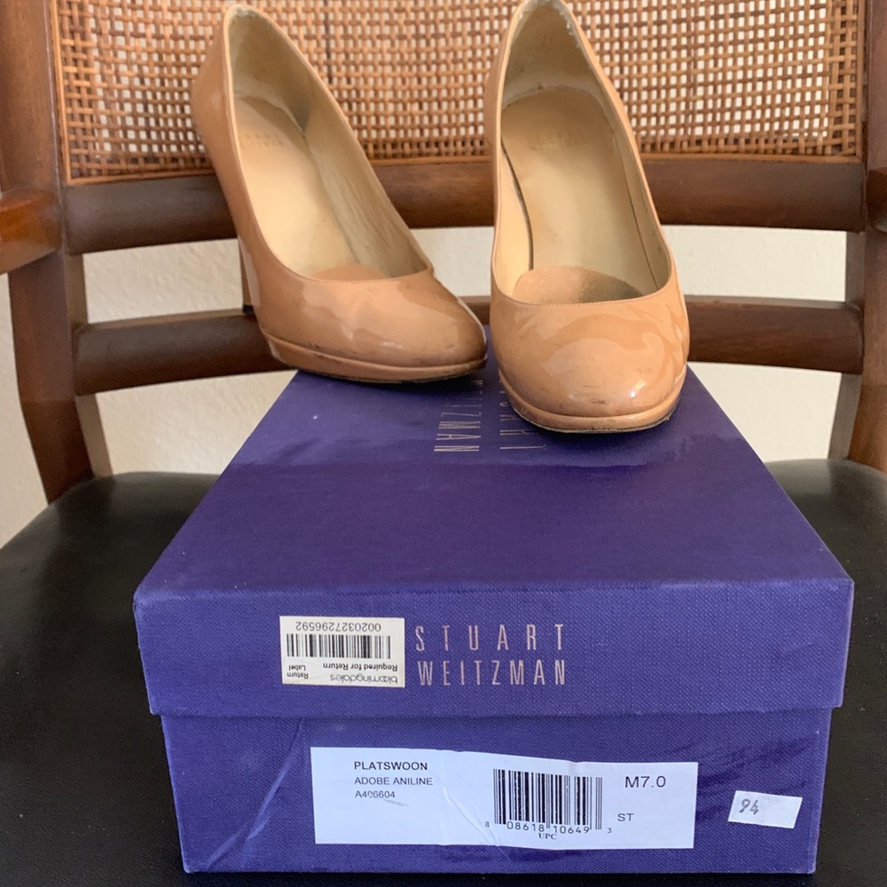 Stuart Weitzman Patent Nude Closed Toe Pumps